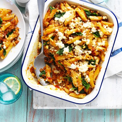 Sweet Potato Pasta Bake with Spinach and Pine Nuts