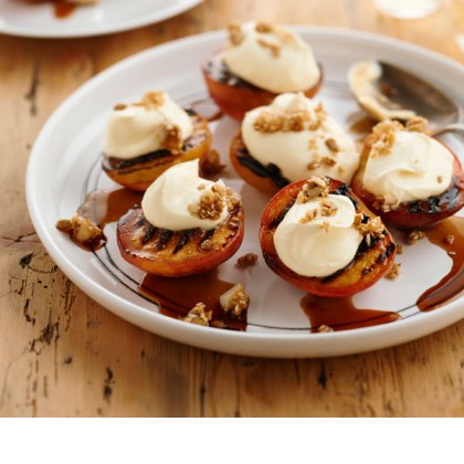 Chargrilled Peaches with Lime Cream Cheese and Maple-Caramelised Macadamias and Seeds