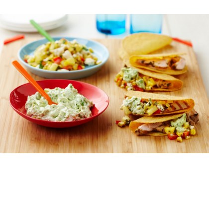 Chicken Tacos with Feta Salsa and Avocado Smash