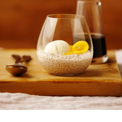 Tapioca Puddings with Mango, Vanilla Ice Cream and Lime Syrup