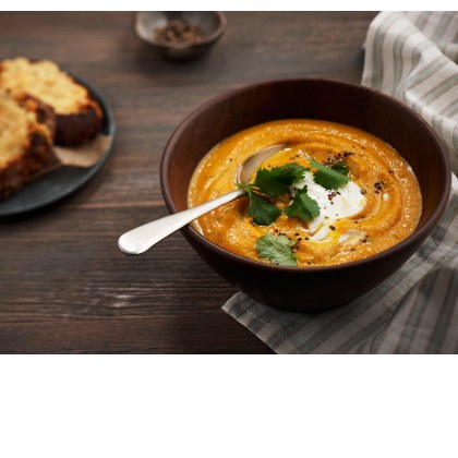 Creamy Carrot and Coriander Soup with Parmesan Toasts