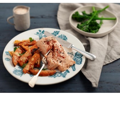 Lemon and Paprika Yoghurt Baked Salmon with Sweet Potato Chips