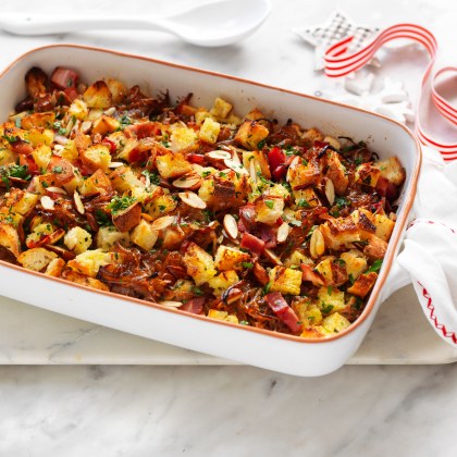 Crispy bacon and onion stuffing tray bake