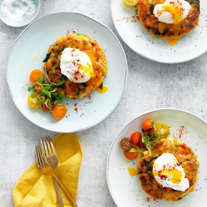 Bubble and squeak turkey fritters with poached eggs