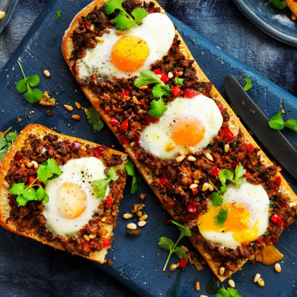 Turkish Bread with Spicy Lamb and Eggs