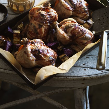 Whole Roast Stuffed Spatchcock with Mandarin, Wrapped in Pancetta with Sage, Eggplant and Beetroot