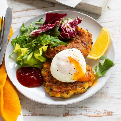 Cheesy Corn and Zucchini Fritters with Poached Eggs