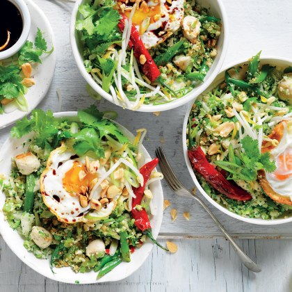 Broccolini and cauliflower fried 'rice' and chicken bowls