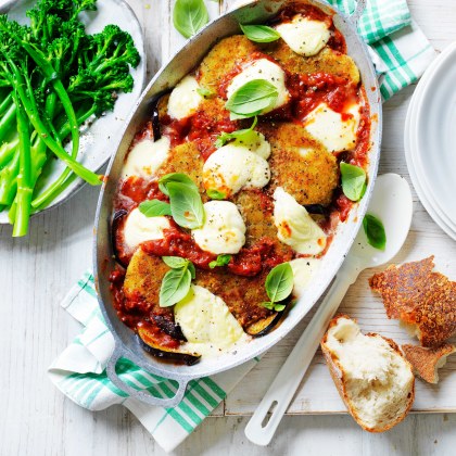 Chicken Schnitzel and Eggplant Parmigiana