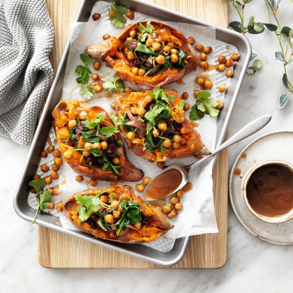 Baked Sweet Potatoes with Spinach, Chickpeas and Currants