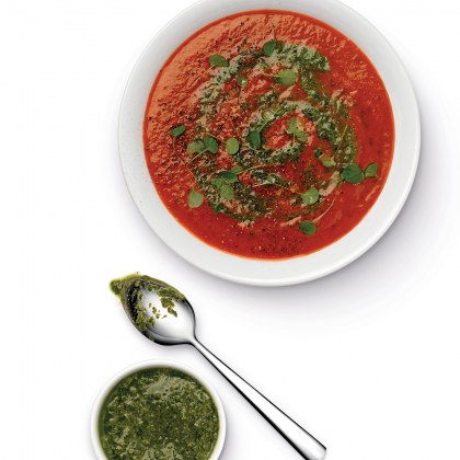 Roasted Tomato and Capsicum Soup with Salsa Verde