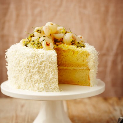 Coconut Lime Cake with Lime Curd and Cream Cheese Frosting, Lychees and Passion Fruit