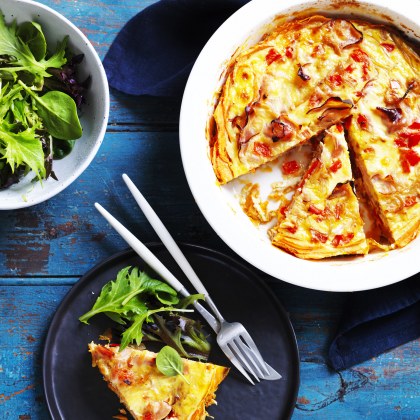 Red Capsicum and Ham Quiche with Sweet Potato Crust