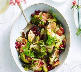 Roasted Brussels Sprouts, Crispy Pancetta and Pomegranate Seeds