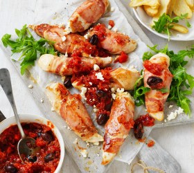 Roast Pancetta Chicken with Tomato and Olive Relish