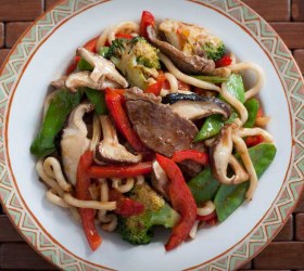 Sesame and Garlic Beef with Shitake Mushrooms and Noodles