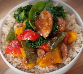 Honey and Soy Pork with Sesame Seeds and Kale