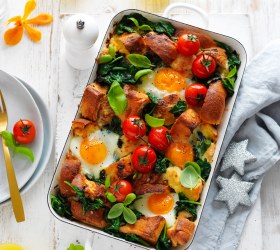 Cheesy Breakfast Strata with Roast Cherry Tomatoes Cheesy Breakfast Strata with Roast Cherry Tomatoes