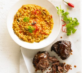 Beef Cheek Risotto with Persian Eggplant Relish