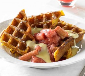 Poached Rhubarb and Vanilla Custard Waffle