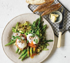 Eggspert Eggs on Sauteed Greens with Pancetta and Pine Nuts