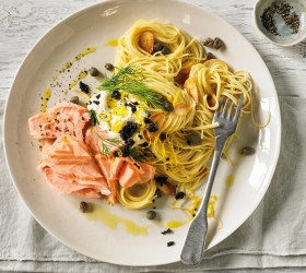 Sous Vide Salmon with Pasta, Crispy Garlic and Lemon Sauce