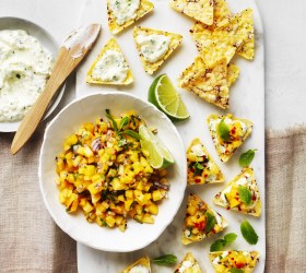Corn Chip Bruschetta with Mangoes and Herb Ricotta