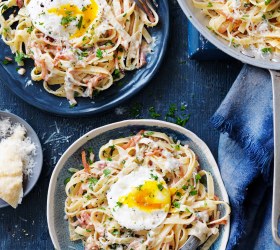Creamy Fettuccine Carbonara with Poached Egg