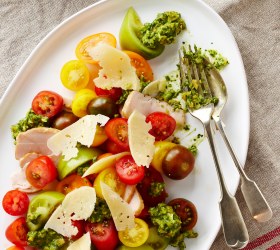 Smoked Chicken and Tomato Salad with Green Olive Salsa