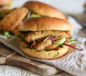 Crumbed whiting burgers with Sriracha mayo and slaw