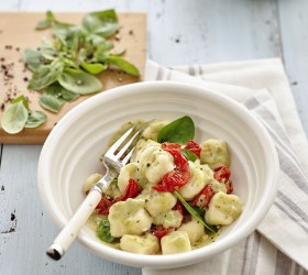 Gnocchi with Creamy Three Cheese and Pesto Sauce Gnocchi with Creamy Three Cheese and Pesto Sauce