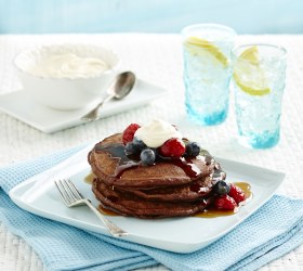 Chocolate Hotcakes with Warm Maple Berries Chocolate Hotcakes with Warm Maple Berries