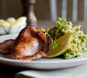 Crispy Bacon with Smashed Avocado, Feta and Mint