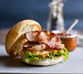 Bacon and Cheddar Omelette Breakfast Burger