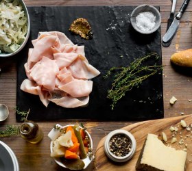 Ploughman's Platter with Pickled Vegetables, Onion Relish and Manchego