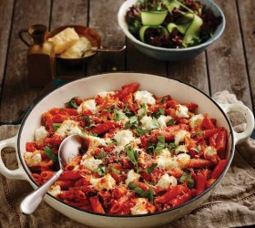 Bacon, Goats Cheese and Basil Pasta Bake