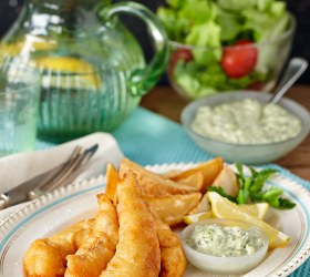 Beer Battered Fish and Chips with Pesto Tartare