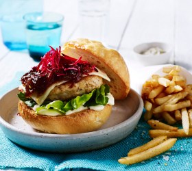 Thyme Chicken Burgers with Aioli, Caramelized Onion Jam and Tuscan Salt Fries