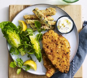 Chicken Schnitzel with Parmesan and Sesame Seed Zucchini Chips