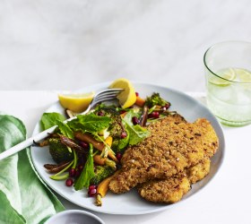 Chicken Schnitzel with Roast Broccoli and Pomegranate Salad
