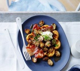 Waffles with Sauteed Mushrooms and Maple Bacon Waffles with Sauteed Mushrooms and Maple Bacon