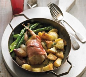 Quail Wrapped In Proscuitto with Caramelised Golden Shallots and Thyme Jus