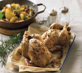 Whole Roasted Spatchcock with Rosemary and Thyme Pomme Salardaise