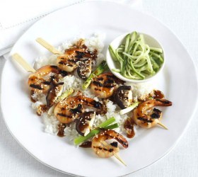 Sticky sesame-ginger-soy prawn skewers