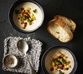 Hot Yoghurt Soup with Corn, Bacon and Coriander