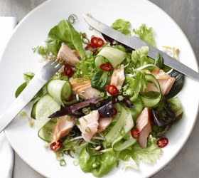 Hot Smoked Salmon Mixed Leaf Salad with Sweet Soy Dressing