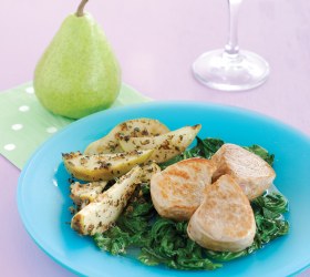 Pan Fried Pears, Pork Medallions and Wokked Spinach