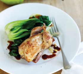 Whole Roasted Quail stuffed with Packham's Triumph Pears, Coriander, Ginger and Cashew Nuts Whole Roasted Quail stuffed with Packham's Triumph Pears, Coriander, Ginger and Cashew Nuts