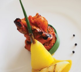 Tandoori Prawns with Saffron and Cardamom Poached Pears