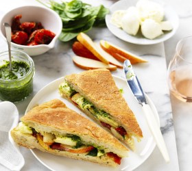 Pesto, Semi Dried Tomato, Pear and Bocconcini Toasties